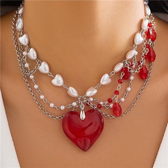 Layered Chunky Puffy Heart Choker Necklace Cute Y2k Necklace Red Crystal Heart - Picture 4 of 7